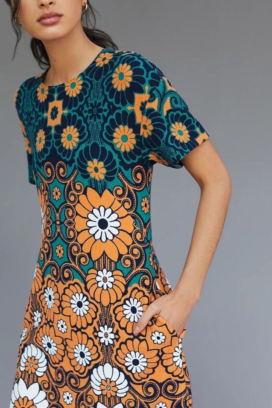 Maeve by Anthropologie Floral Shift Mini Dress Women XS Orange Green Casual Boho